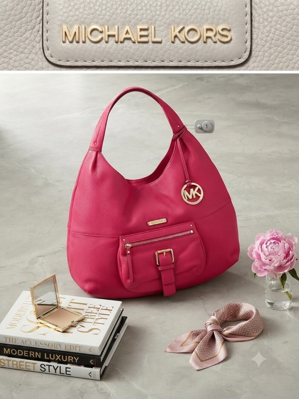 Michael Kors Austin Large Hot Pink Pebbled Leather Hobo Shoulder Bag AUTHENTIC